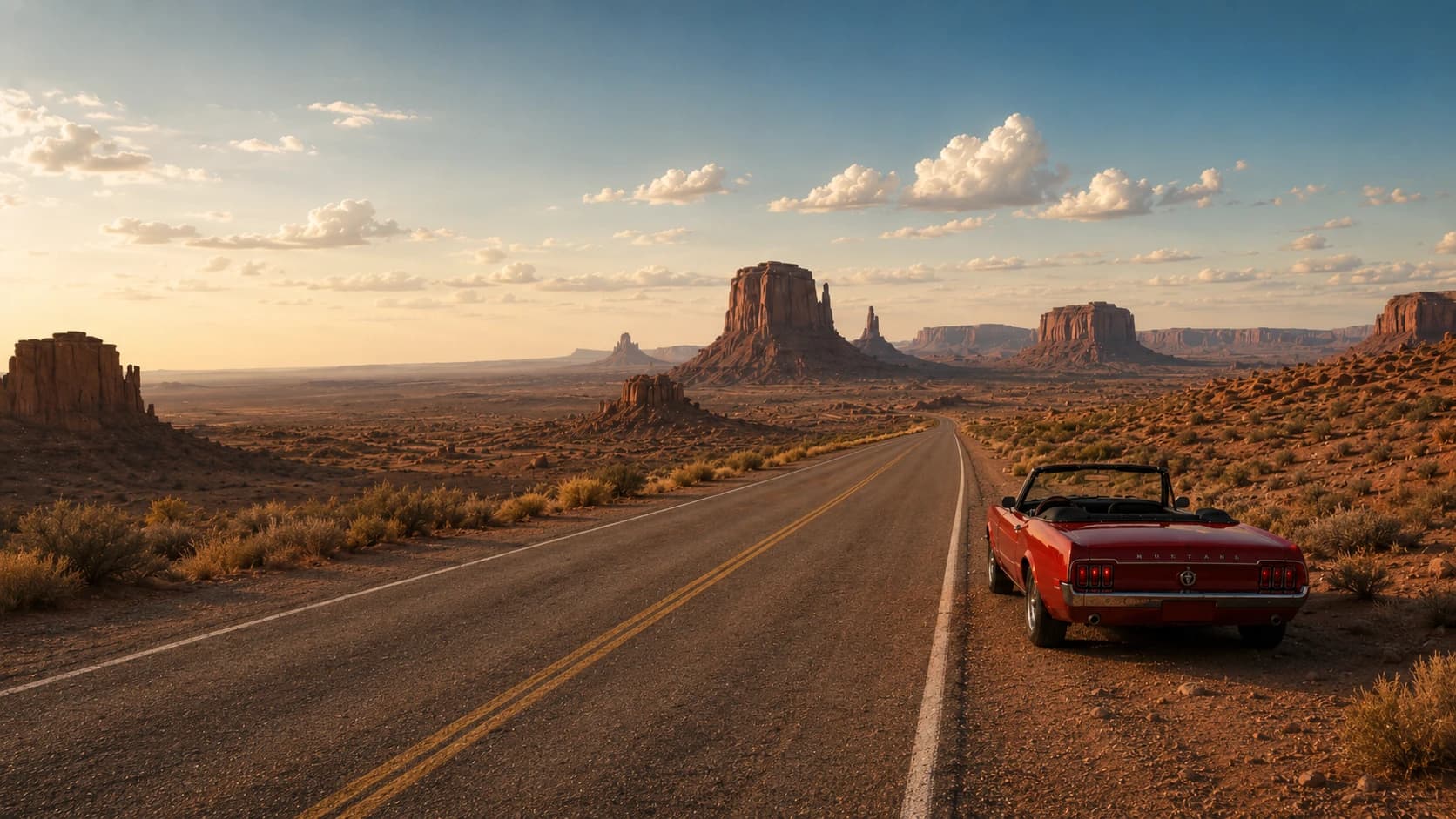 A desert highway at golden hour